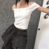 Aconi Ribbon Off-Shoulder Cropped T-Shirt