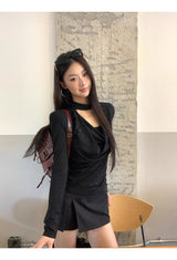 Black Chic Shimmering Halterneck Long-Sleeved T-Shirt