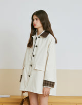 Preppy Checkered Sleeve Midi Trench Coat Ivory