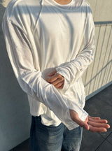 アンバランスネックラインスラッシュカットレイヤードTシャツ(ホワイト)