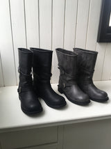 Two-Buckle Shirred Biker Boots