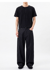 Slub Henley Neck Crop T-shirt Black