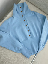 Sky blue high-neck button long-sleeved knitwear