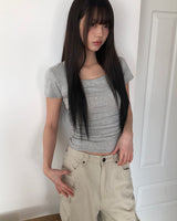 Ner Deep U-Neck Side Shirring Short-Sleeve T-Shirt