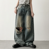 Andy Knee Damage Cutting Deep Washed Denim Wide Pants