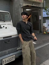 ステッチ ピグメント ヘンリーネック ロングスリーブ Tシャツ