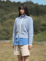 Wavy Collar Cable Merino Cardigan (Light Blue)