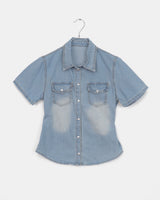 Curb side button pocket washed denim shirt