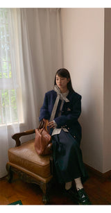 Renee Navy No Collar Round Half Coat