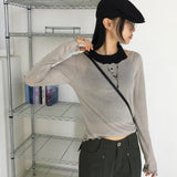 Nowell ハートカッティングシースルーテンセルウェーブUネック長袖Tシャツ