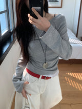 Milky Unbalance Off-Shoulder Boatneck Shirring Long Sleeve T 