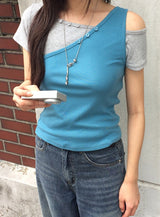 [SET] Resin Unbalanced Sleeveless One Shoulder Button Short Sleeve T-shirt