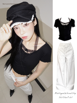 Black Layered Halterneck Strap Short Sleeve T-shirt