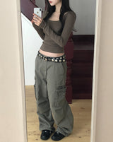 [U-BASIC] Marron Square Neck Slim Long Sleeve