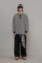ストライプヘンリーネックTシャツ - Black