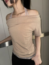 Check Halter Off-Shoulder Semi-Cropped T-Shirt 3color