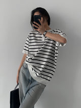 ASCLO ボーダーヘンリーネック半袖ニット (4color)