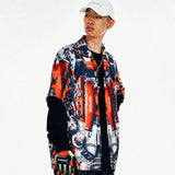 [UNISEX] Automobile Parts Camp-Collar Printed Shirt (Red)