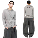 ベーシックヘンリーネックフード付き長袖Tシャツ