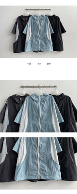 Mutual nylon coloring short-sleeved hooded zip-up