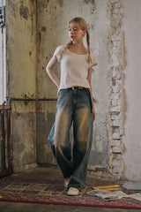 WASHED SIDE LINE DENIM PANTS