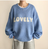 Mona Lovely Lettering Embroidery Loose Fit Round Knit