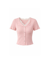 Rosy Lace Slim Rib Knit Short Sleeve Cardigan Pink