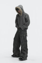 Faux Fur Knit Zip-Up Hoodie