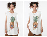 Fruit print casual loose round neck sleeveless vest.