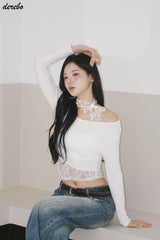 Lace Choker Scarf Unbalanced Long-Sleeved T-Shirt