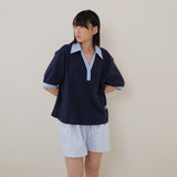 Navy Half Open Collar Tee