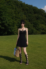 BACK OPEN FLARE MINI DRESS IN BLACK