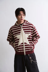 STRIPE STAR KNIT HOOD ZIP UP WINE