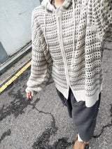 ストライプメッシュニットフードジップアップ