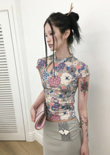 [香] Qipao Floral Top (Brown)
