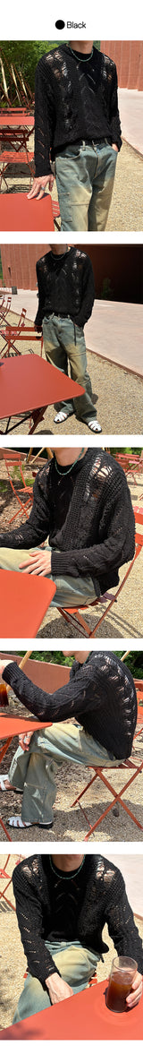 [PREMIUM] Grunge damage round neck knit (3color)