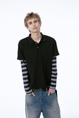 (BASE) LAYERED STRIPE POLO L/S TEE (NAVY)