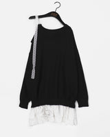 Hato Lace Ribbon Integrated Frill One-Shoulder Knitwear