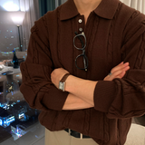 All-Day Cable Pattern Two-Button Collar Knit