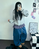 フリースピカブルー❤ベーシックワイドカーゴバルーンロングパンツ💚💙🖤🩶🤍5カラー