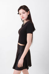 Lace V-neck Crop T-shirt Black