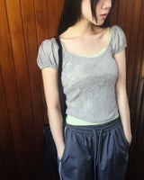 Kiha Lace See-Through Puff Cropped Short-Sleeved T-Shirt