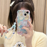 3D フラワー チェーン ウェーブ フレーム iPhone ケース ウィズ ビーズ ウィスト ストラップ