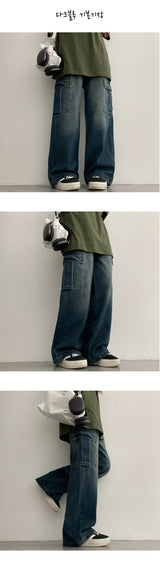 [Short, Basic/S-3XL] Cropped Banded Waist Wide Cargo Denim Pants