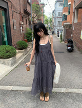 ウメ チェック ティアード ロング スリーブレス ビスチェ ワンピース (Adjustable Straps)