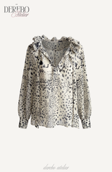 Leopard see-through frill blouse