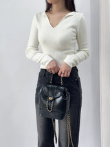 Ciar Collar V-Neck Slit Ribbed Long Sleeve Knit