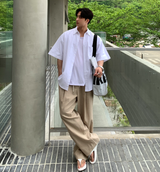 ラペルリネンラウンドシンバンディングワイドパンツ