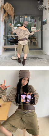 wide neck loose fit stripe long-sleeve t-shirt