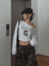 フィフティーピンタレストオフショルダー長袖Tシャツ